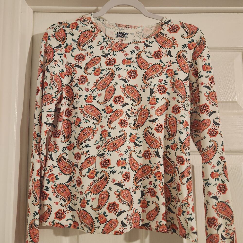 Land's End Women's Blouse White With Pink Paisleys M/P